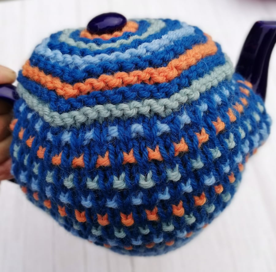 Colourful, Wool, Hand Knitted, Tea Cosy Blue