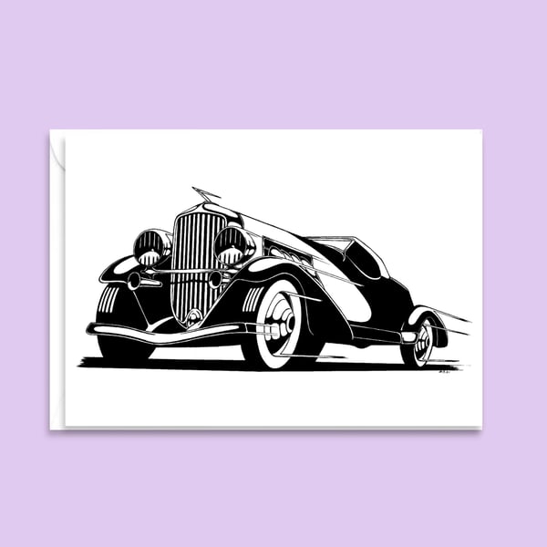 Classic American Car Greetings Card: Hand Drawn Pen and Ink Art work - Art Deco