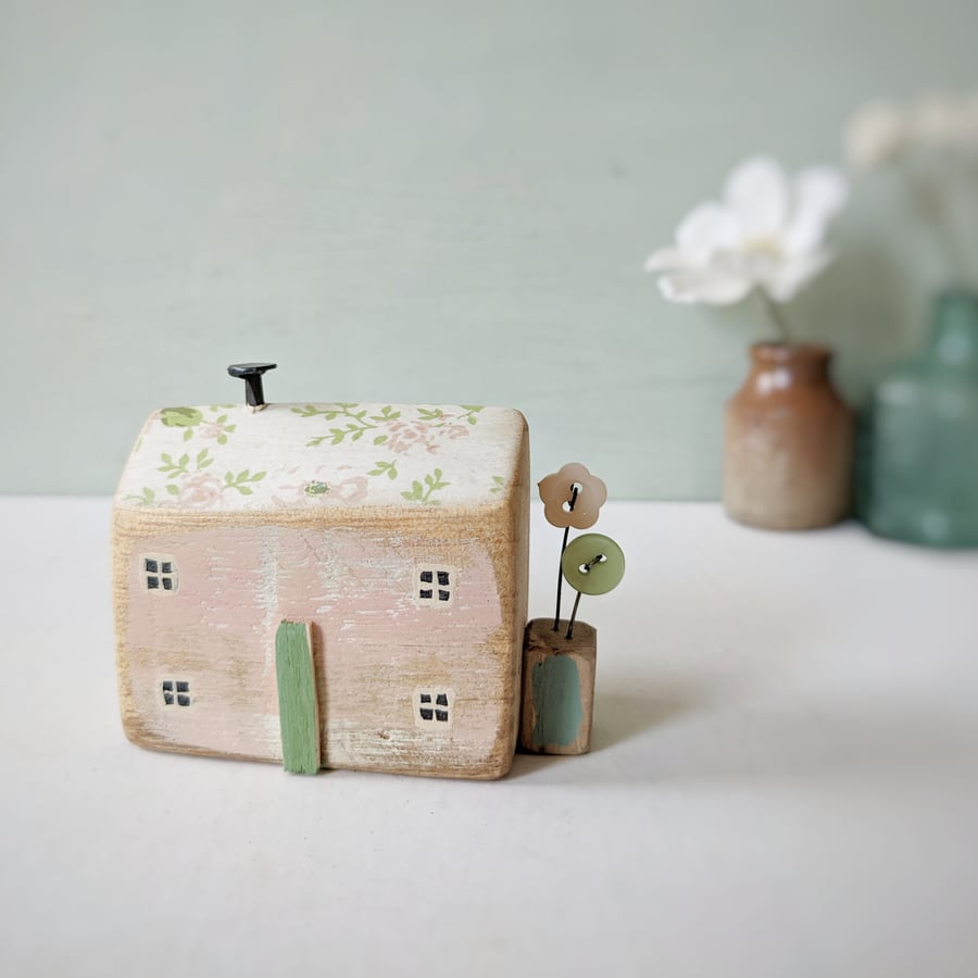 Little Handmade Wooden House with Teeny Button Flower Garden