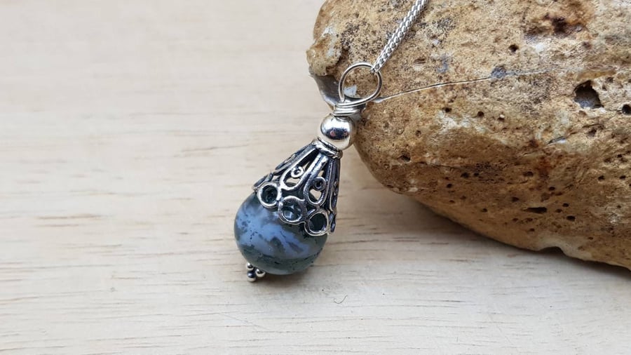 Small Moss agate pendant. Bali silver cone necklace