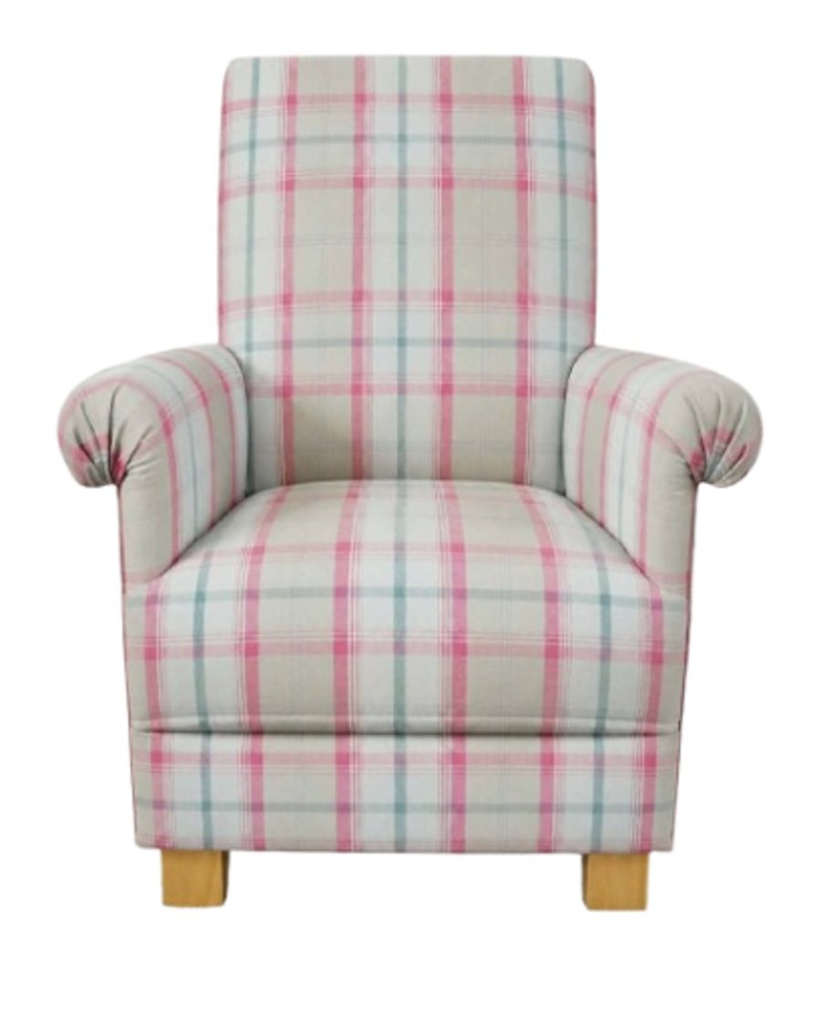 Sorbet Pink Tartan Fabric Armchair Adult Chair Balmoral Check Accent Small Green
