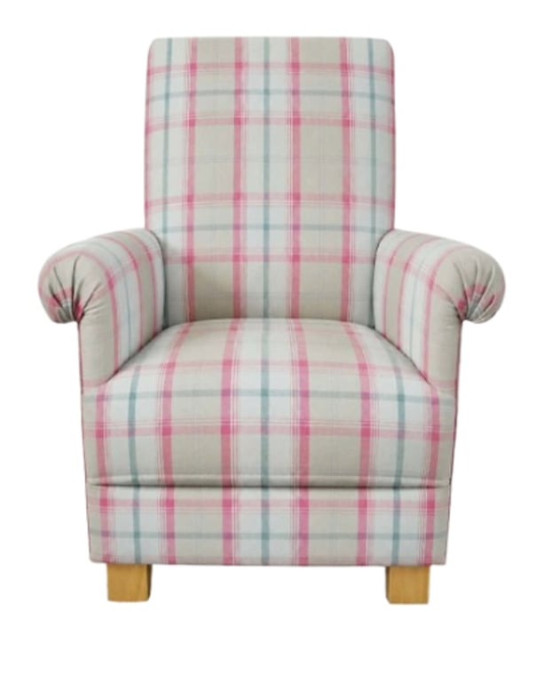 Sorbet Pink Tartan Fabric Armchair Adult Chair Balmoral Check Accent Small Green