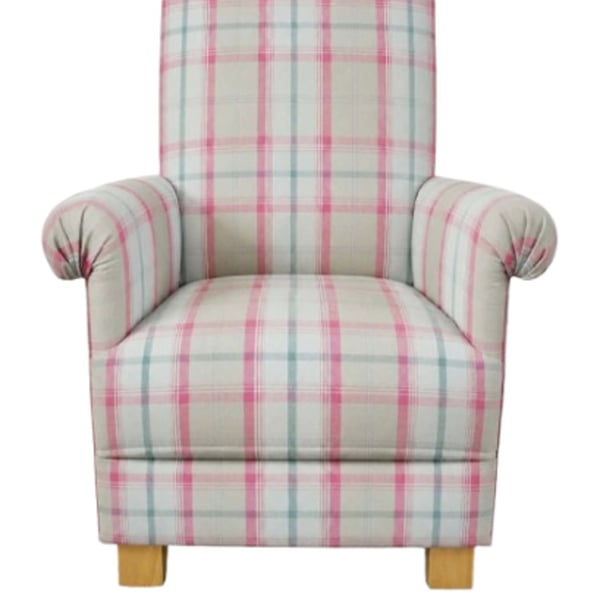 Sorbet Pink Tartan Fabric Armchair Adult Chair Balmoral Check Accent Small Green