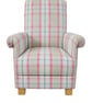 Sorbet Pink Tartan Fabric Armchair Adult Chair Balmoral Check Accent Small Green