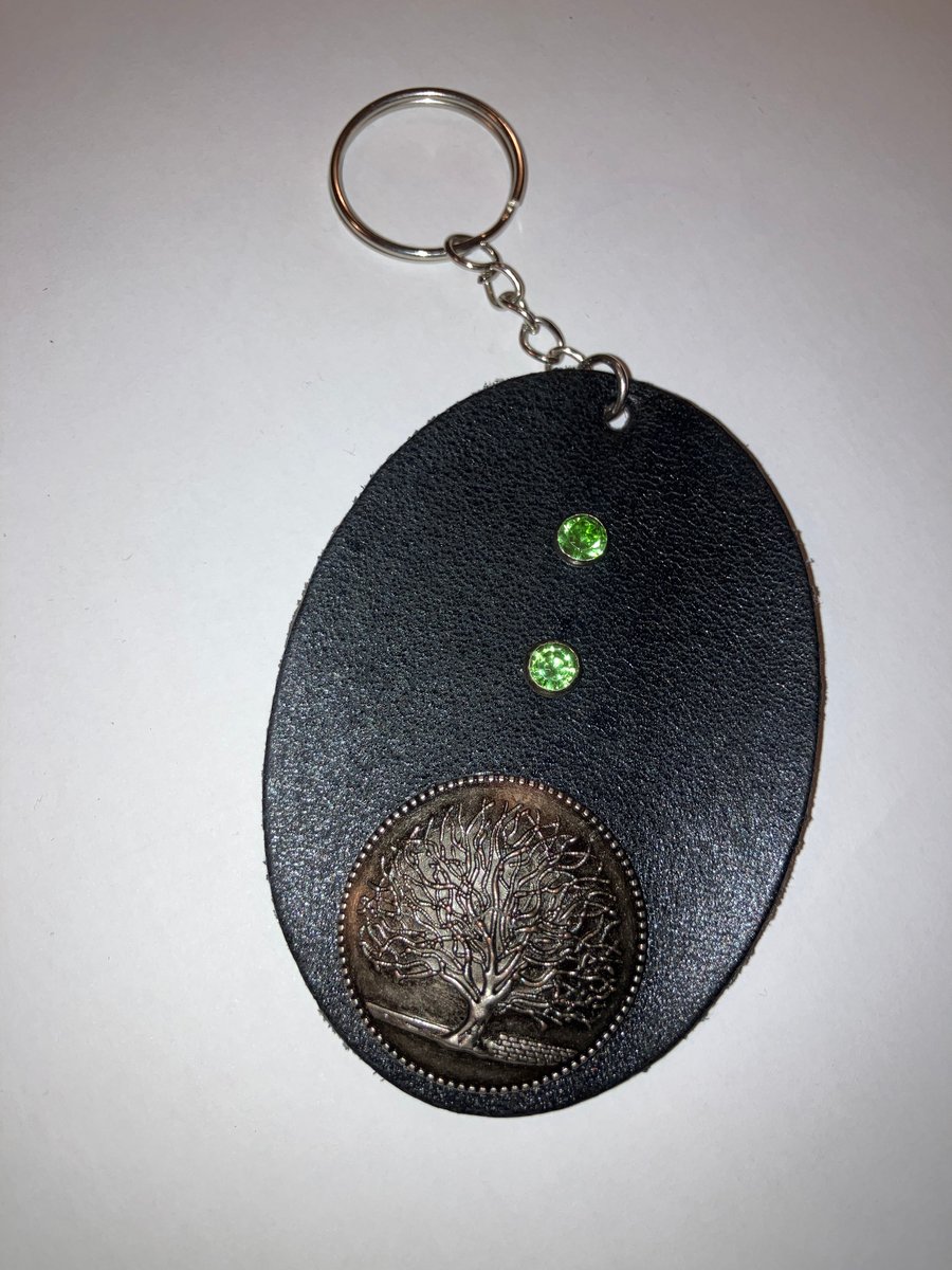 Black Leather Keyring with Tree of Life Design and 2 Green Gems FREE SHIPPING