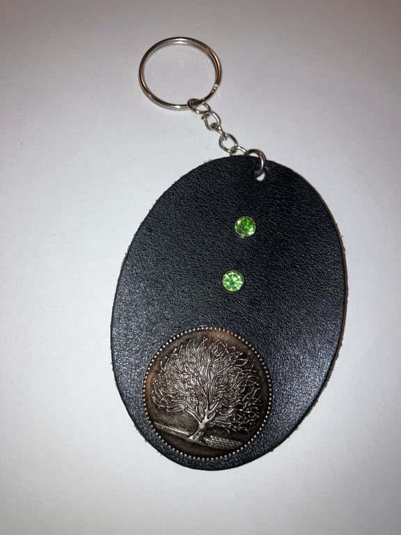 Black Leather Keyring with Tree of Life Design and 2 Green Gems FREE SHIPPING