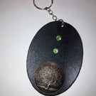 Black Leather Keyring with Tree of Life Design and 2 Green Gems FREE SHIPPING