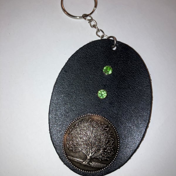Black Leather Keyring with Tree of Life Design and 2 Green Gems FREE SHIPPING