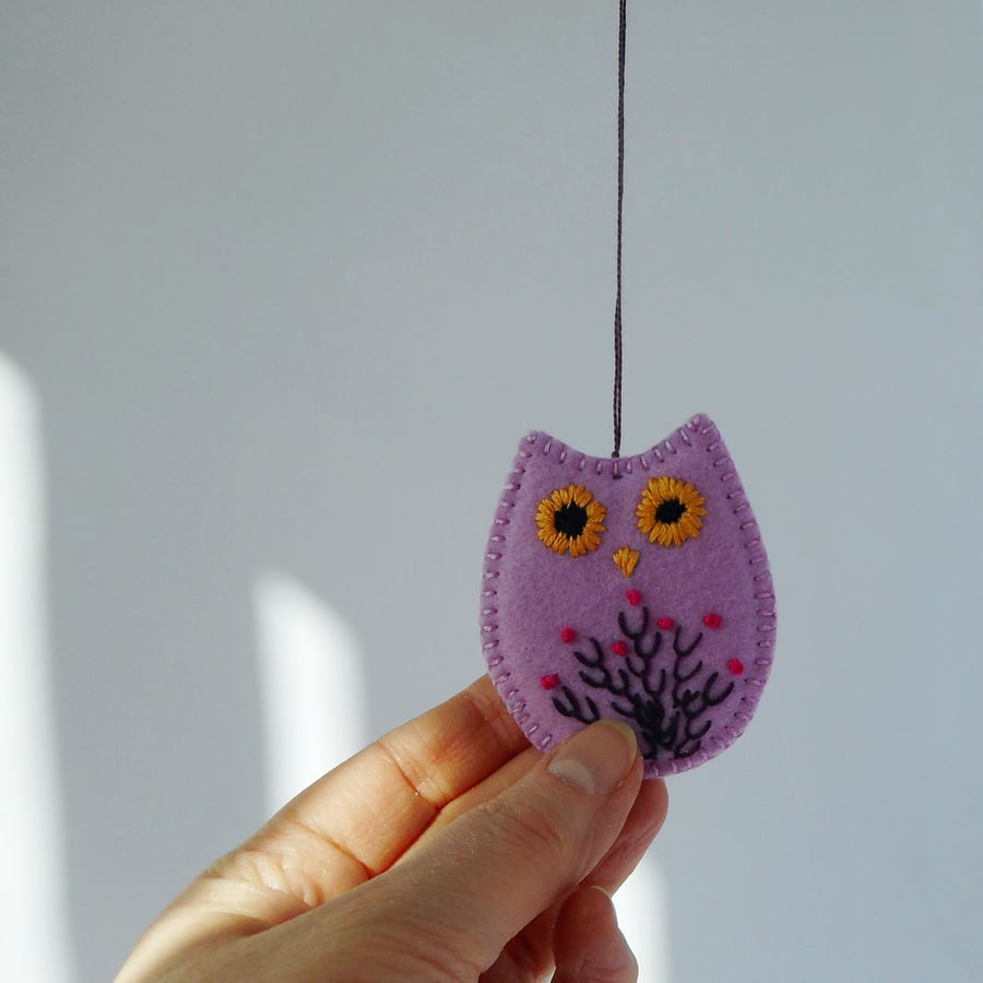 Sold. Parma Violet - lilac embroidered felt owl hanging decoration