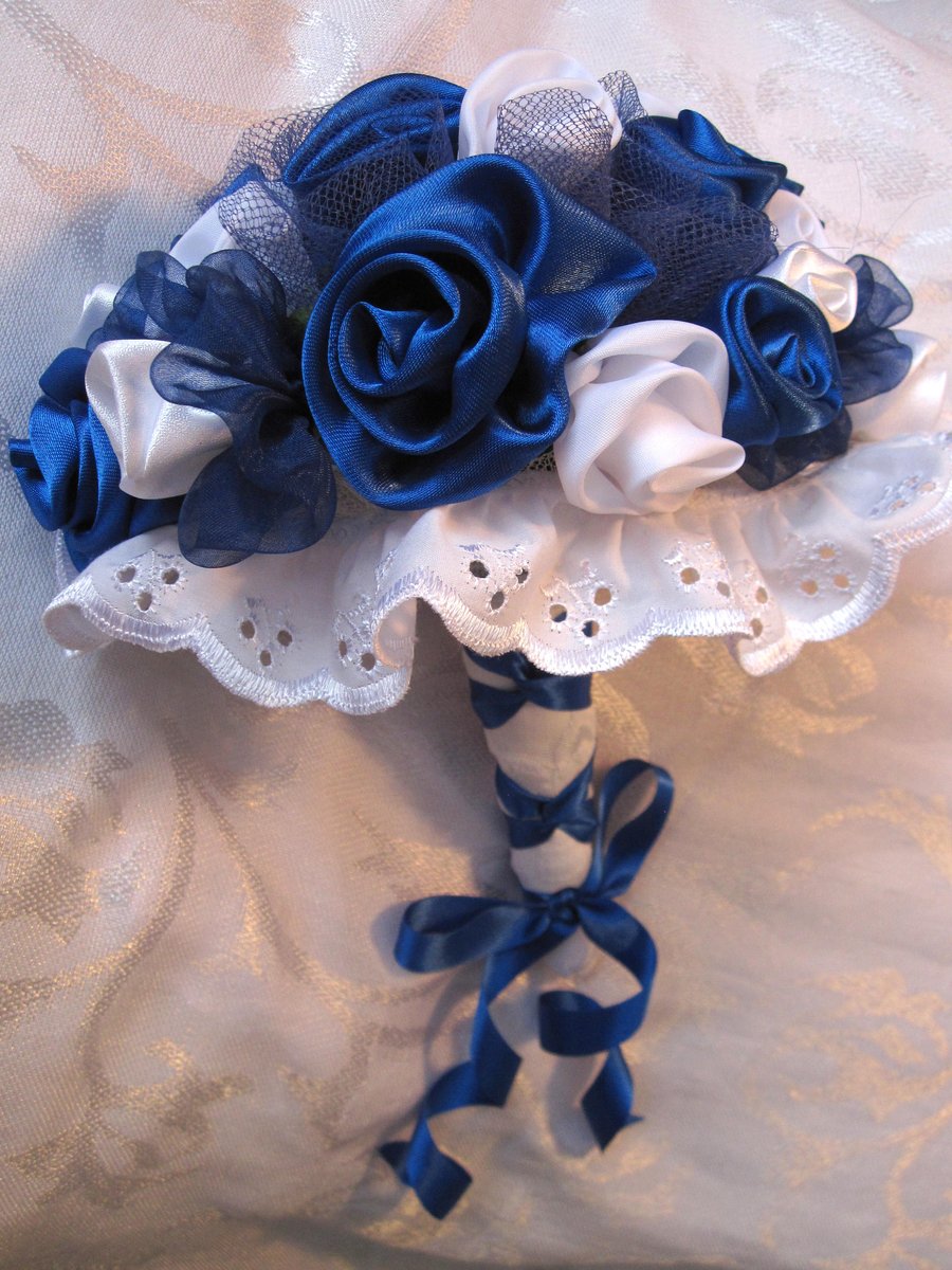  Wedding bouquet, Blue and White Bride, Bridesmaid, fabric Flowers