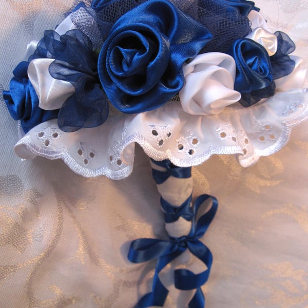  Wedding bouquet, Blue and White Bride, Bridesmaid, fabric Flowers