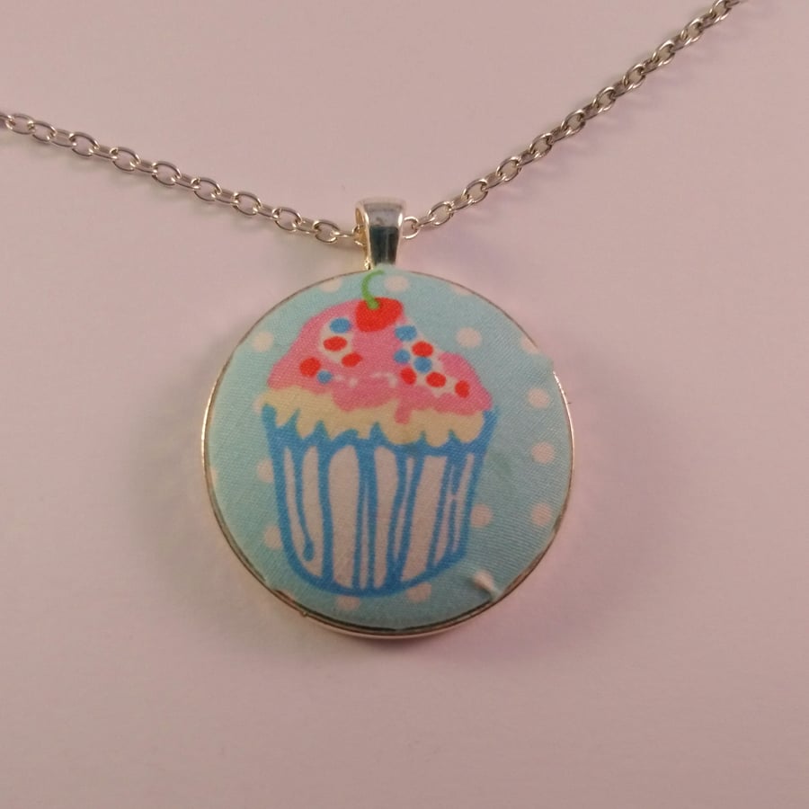 38mm Cupcake Design Fabric Covered Button Pendant