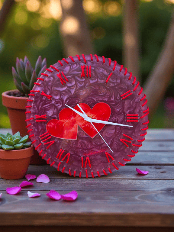 Purple Resin Heart Wall Clock – Handmade Romantic Gift
