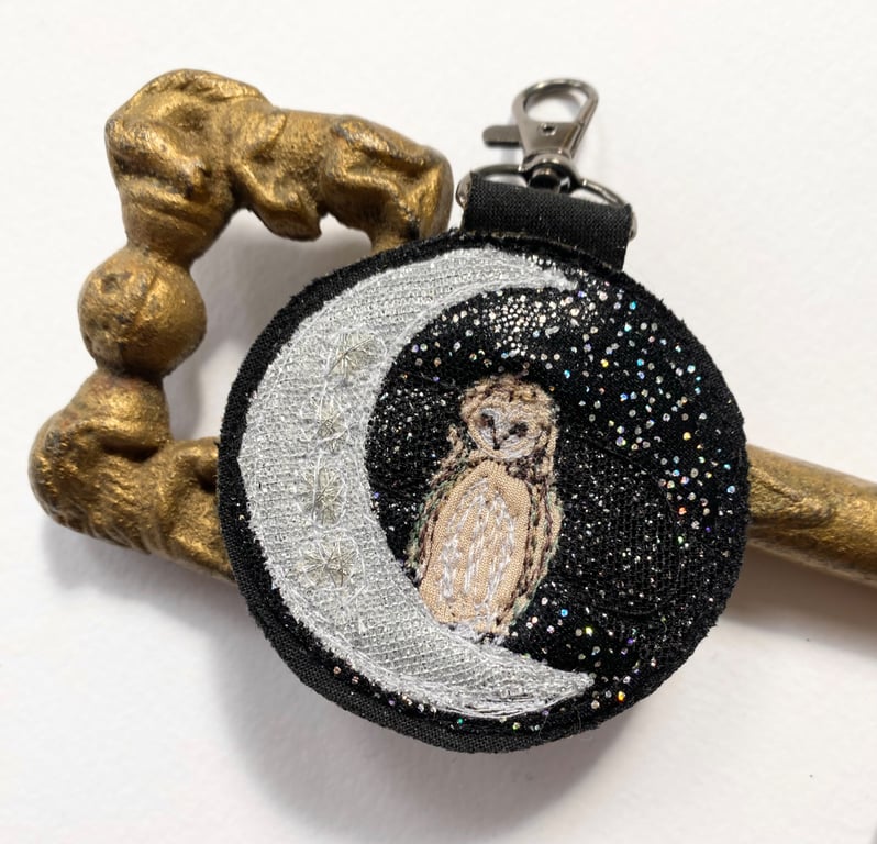 Up-cycled crescent moon and barn owl key ring or bag charm.