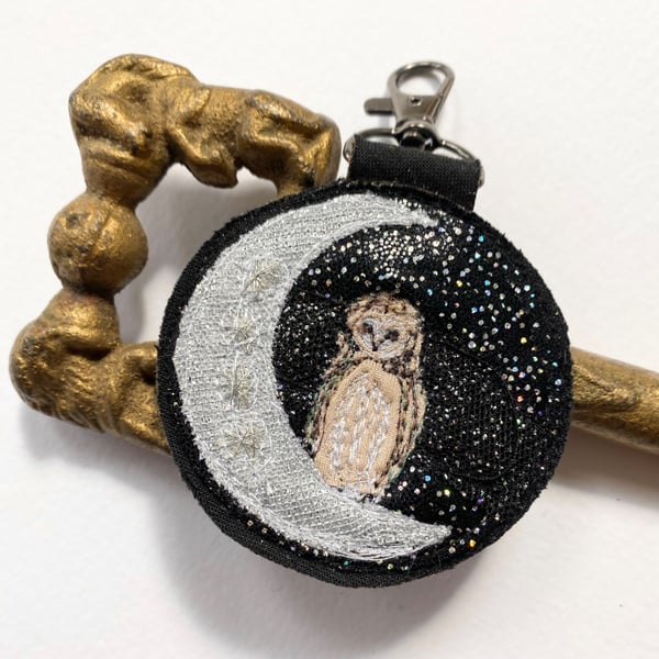 Up-cycled crescent moon and barn owl key ring or bag charm.