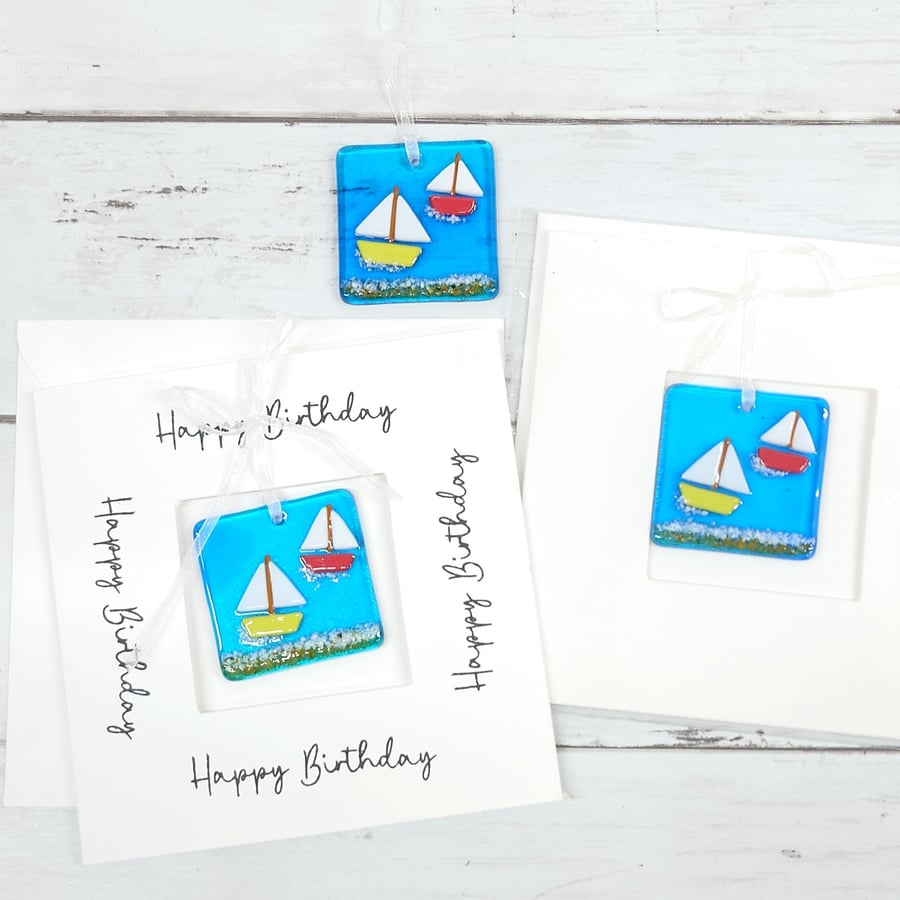 Fused Glass Sailing Boat Keepsake Card 