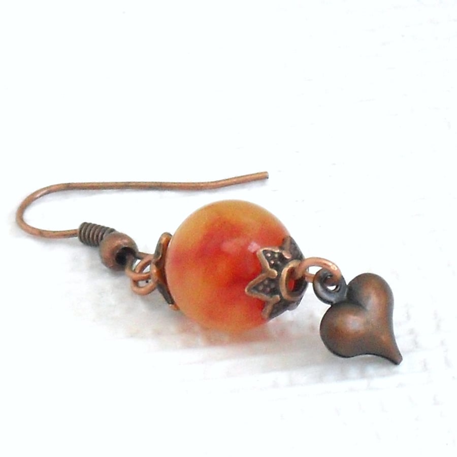 Orange kunzite & copper heart charm earrings