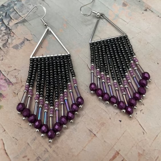Beaded fringe dangle boho earrings, unique gift for her, handmade accessories 