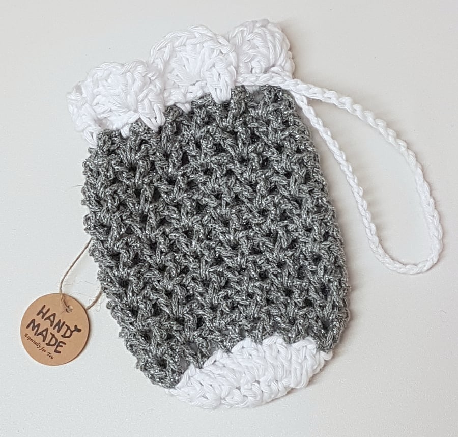 Silver sparkly drawstring pouch bag