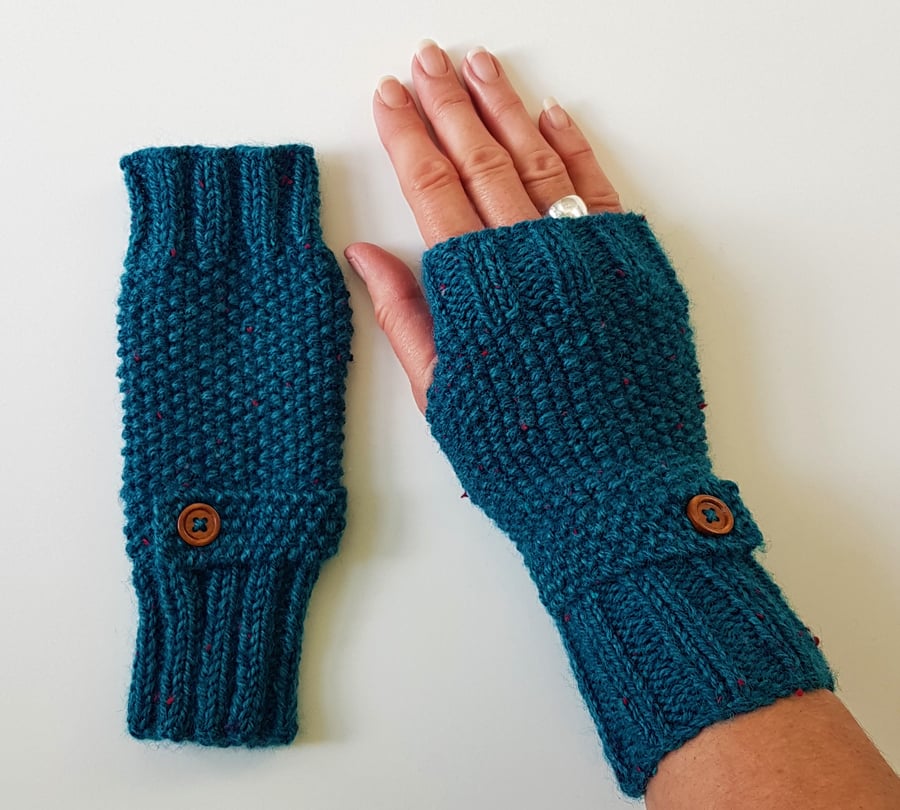 Fingerless Gloves in Teal Blue Tweed Aran Wool 