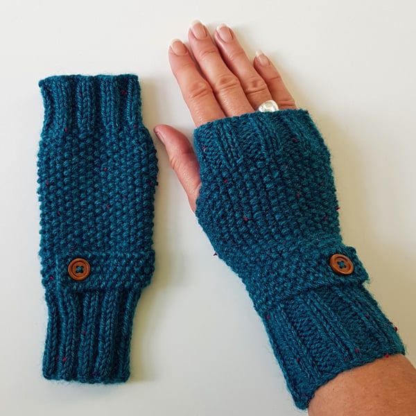 Fingerless Gloves in Teal Blue Tweed Aran Wool 