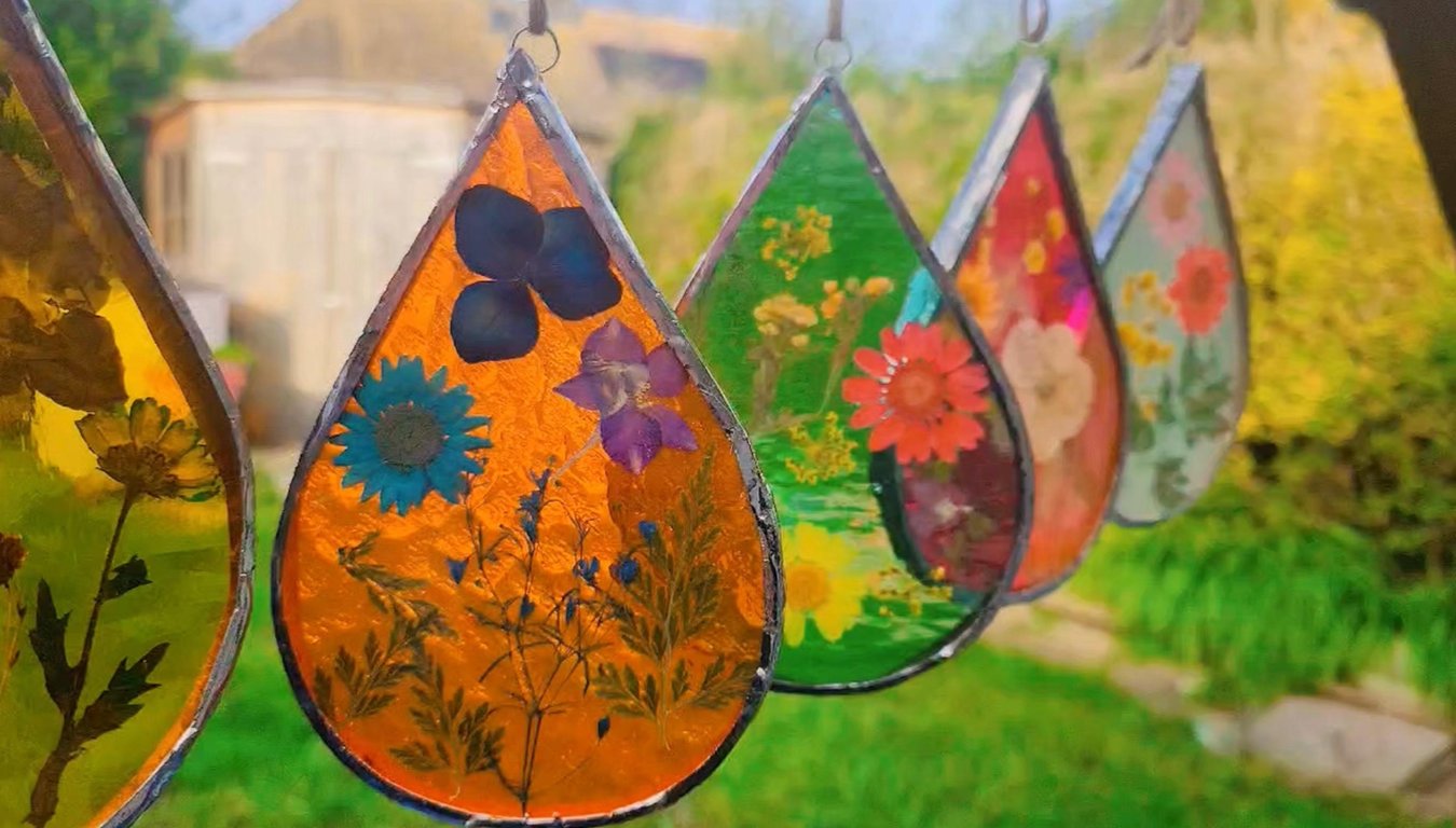 Pressed flowers stained glass window hanging suncatcher