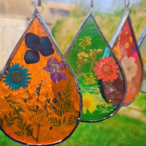 Pressed flowers stained glass window hanging suncatcher