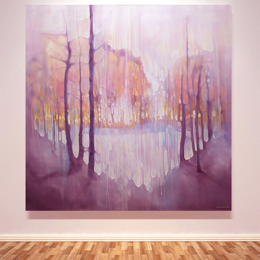 The Thin Place Beckons, a large semi-abstract deer painting at sunset