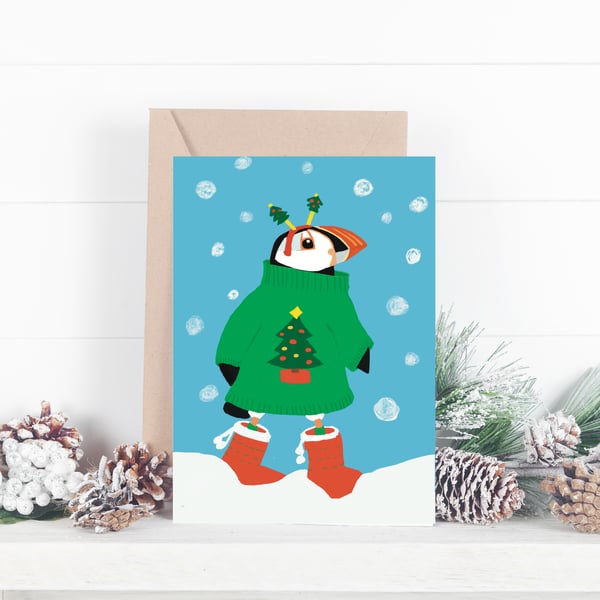 Christmas card blank  Puffin Christmas tree jumper 