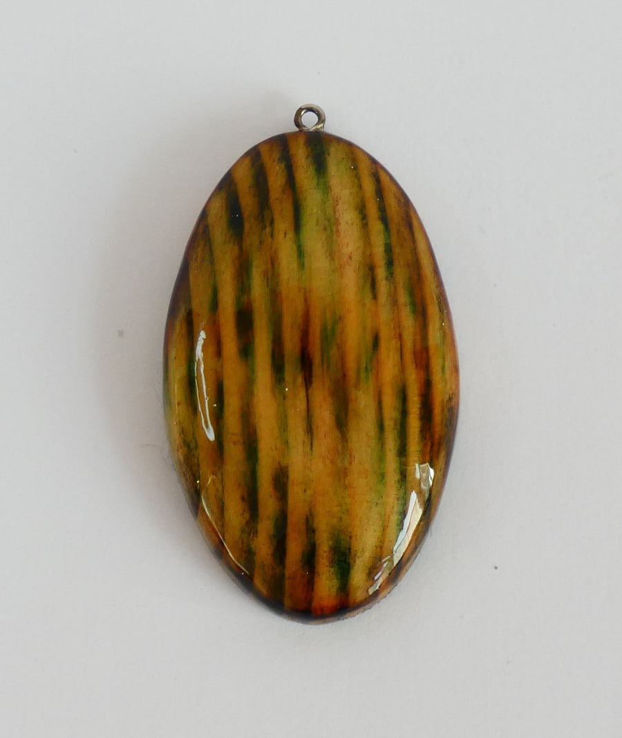 Unique Wood Stained Green, Yellow and Black Wooden Oval Boho Pendant Necklace
