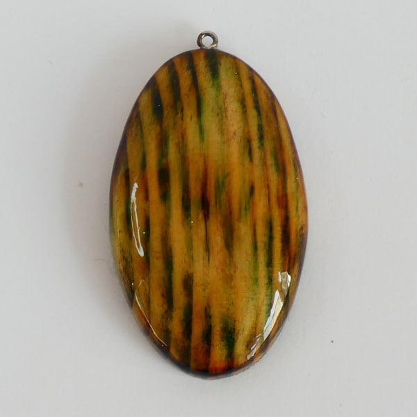 Unique Wood Stained Green, Yellow and Black Wooden Oval Boho Pendant Necklace