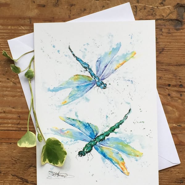 Dragonfly Greetings Card, Wildlife Art Cards with Watercolours by Artist Sandi M