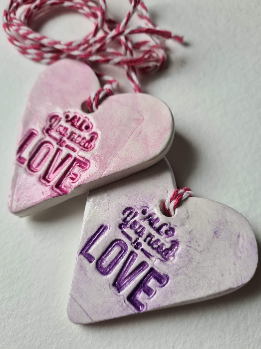 Heart clay gift tag hanging decoration pink purple anniversary love heart