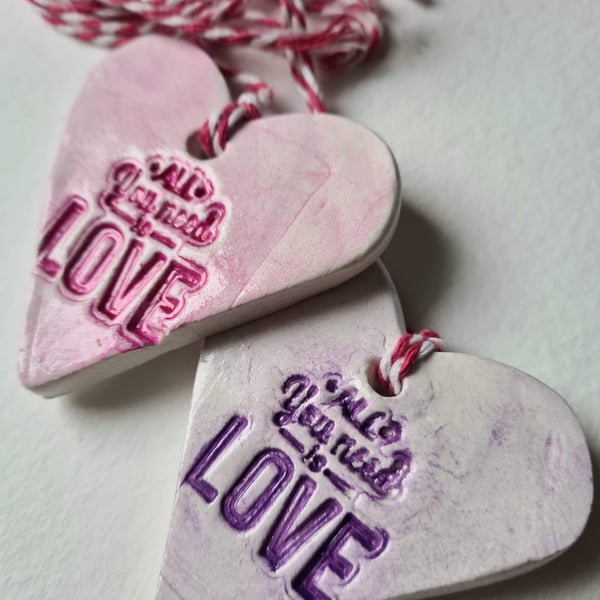 Heart clay gift tag hanging decoration pink purple anniversary FREE DELIVERY 