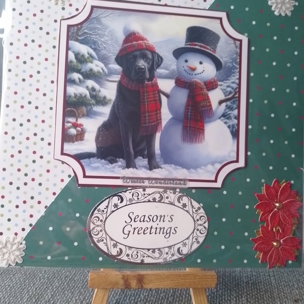 a dog at christmas dressed up with the snow man
