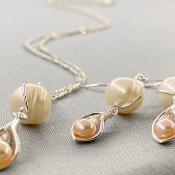 Sterling Silver Calla Lilly Necklace and Earrings Set with Freshwater Pearls