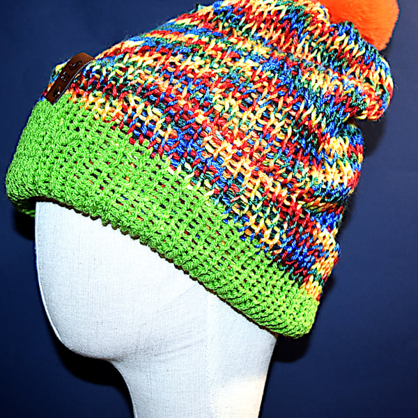 Handcrafted Hat with Faux Rabbit Fur Pompom Multi Coloured