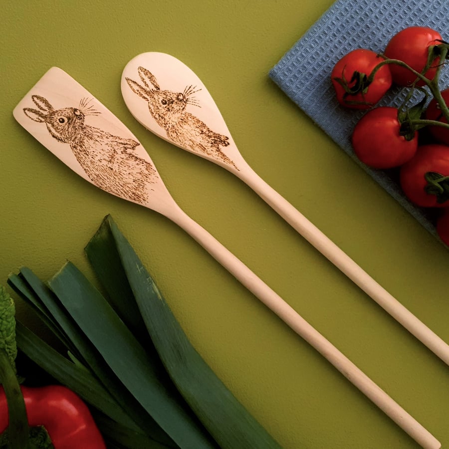Personalised Utensil Set (large) A Rabbit Wooden Spoon and Spatula Set.