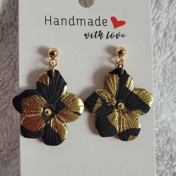 Black and Gold Polymer Clay Handmade Earrings (Posts). 316 Stainless Steel