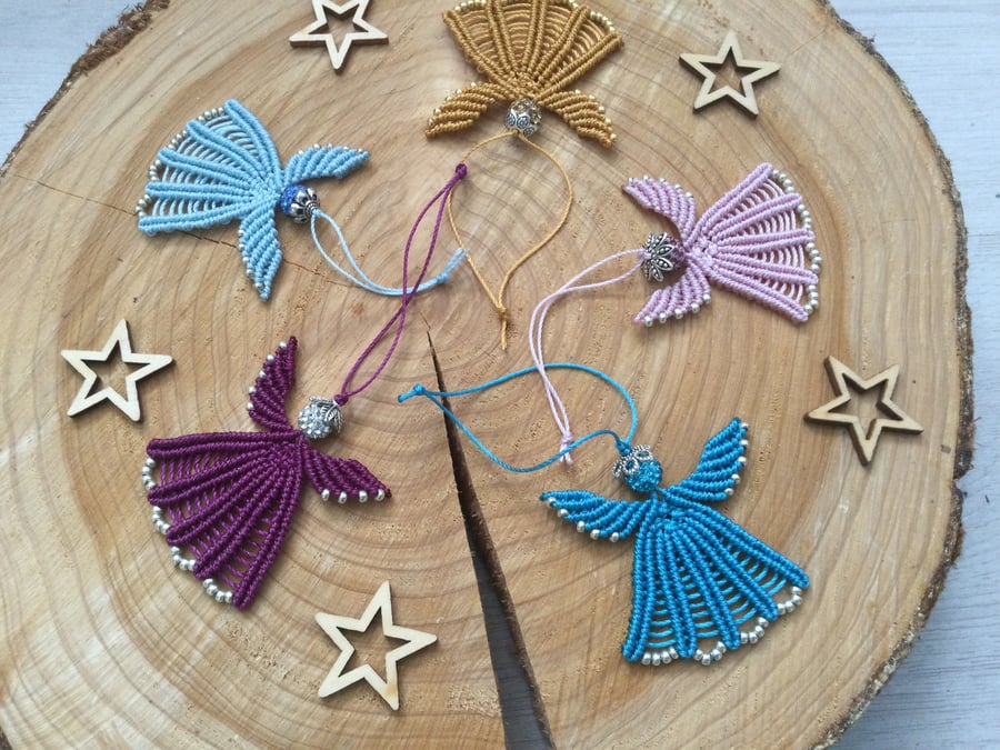 Angel Xmas tree decoration , micro macrame beaded angel , gift tag, delicate 