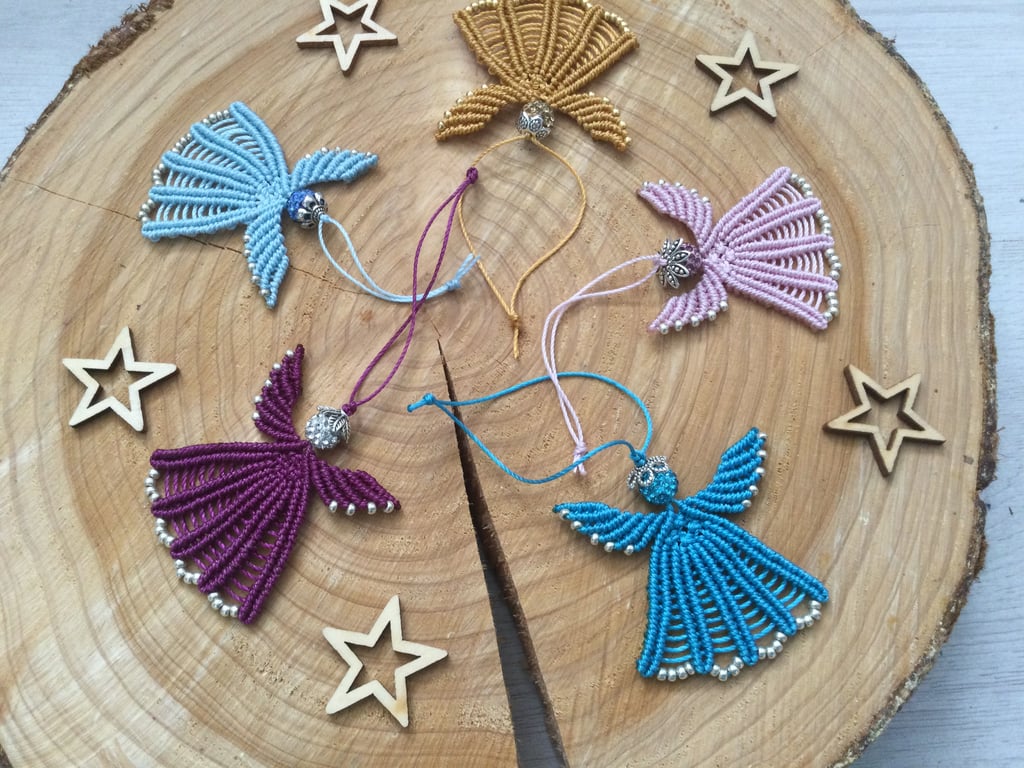 Angel Xmas tree decoration , micro macrame beaded angel , gift tag, delicate 