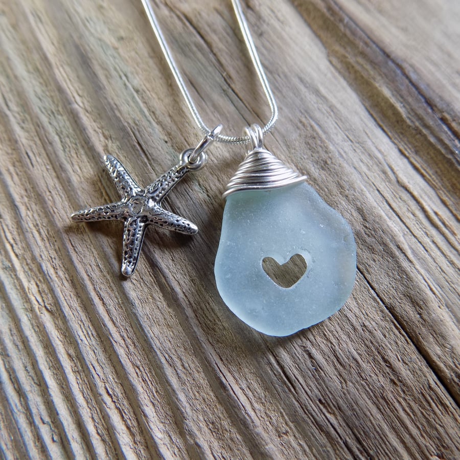 Genuine sea glass drilled heart pendant 