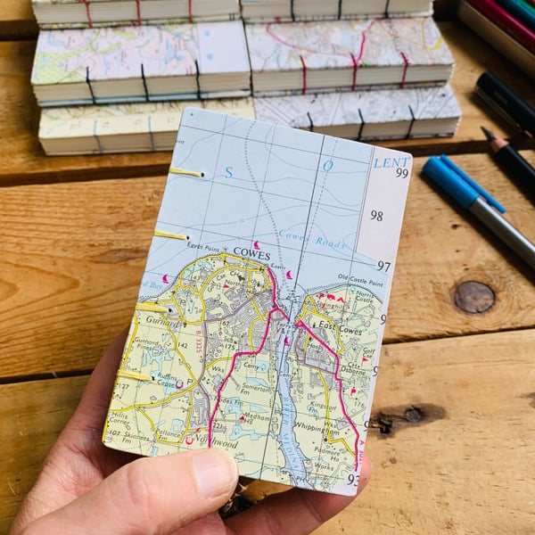 A7 Pocket Sketchbook with Recycled Map Covers and Mixed-Media Pages. Isle of W.