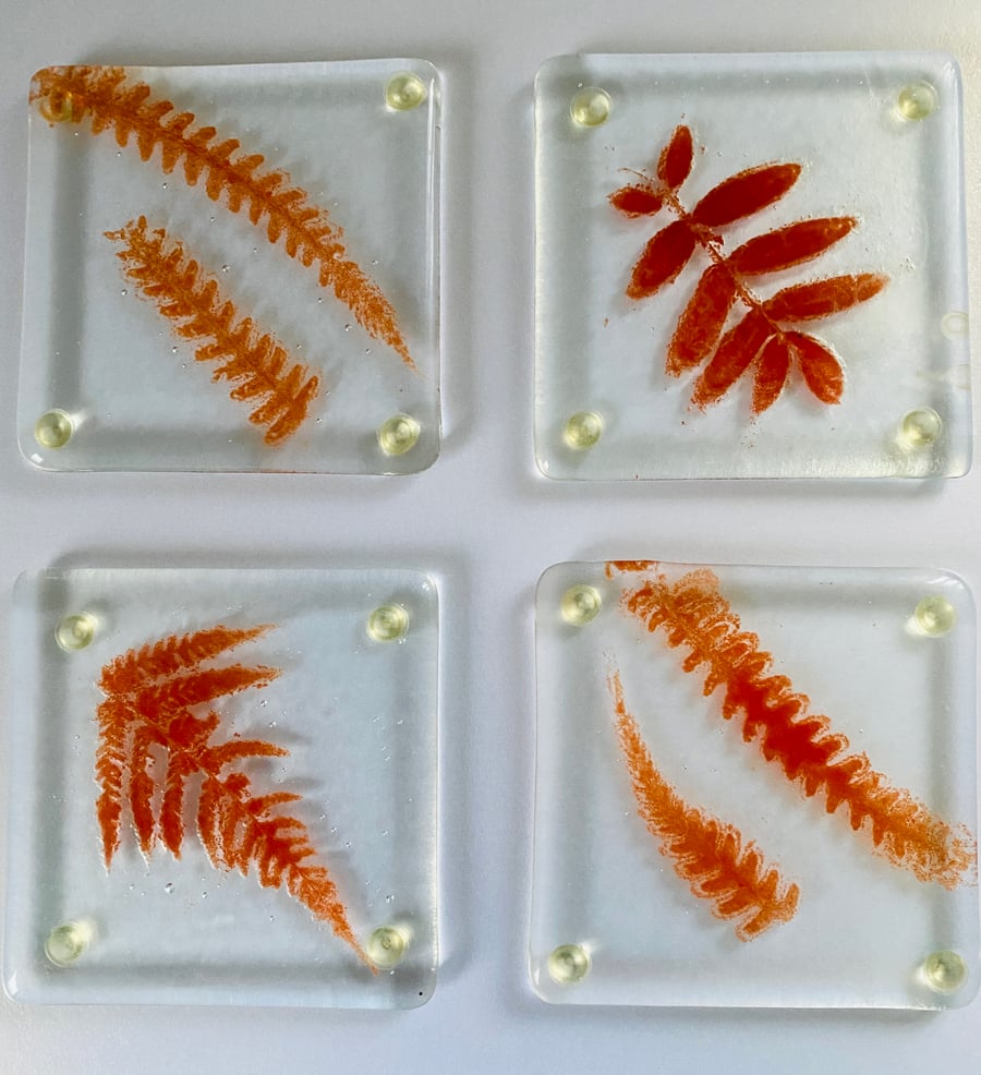 Fused glass coasters - real leaves