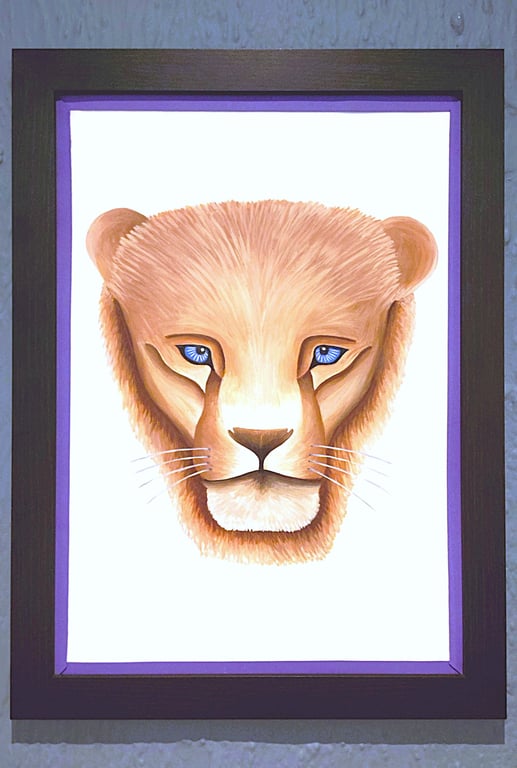 Framed A3 Print Colourful Lion Head Portrait Purple Border Genuine Made in UK 