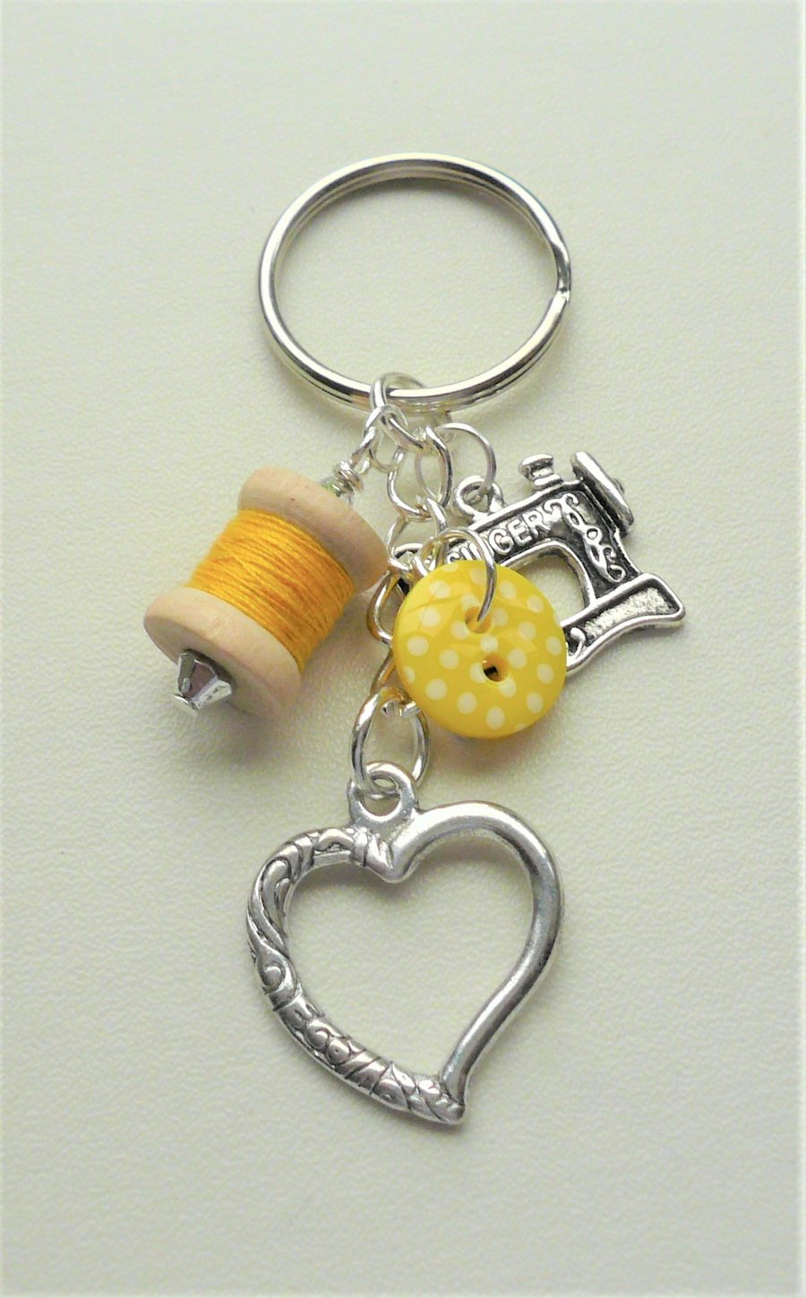 Yellow Sewing Keyring or Bag Charm Button Cotton Reel Sewing Machine  KCJ4062