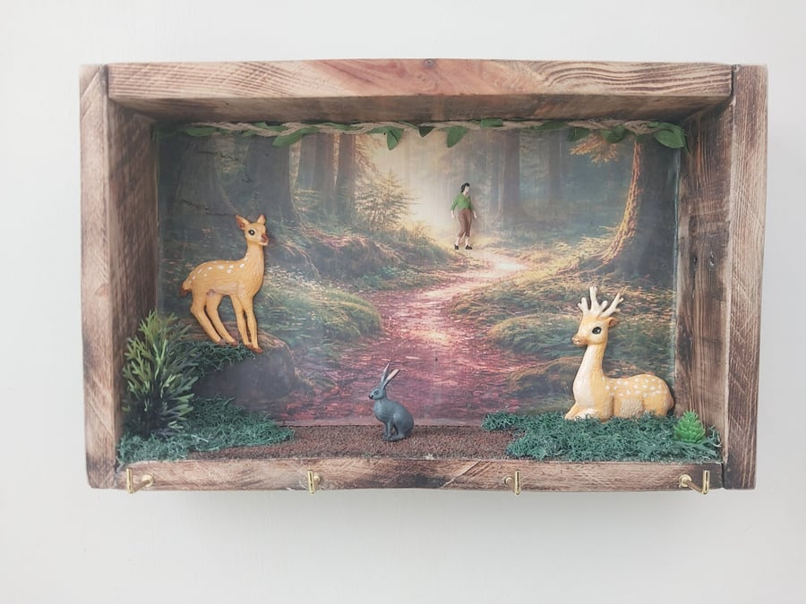Rustic Woodland Shadow Box Key Holder with Deer & Forest Scene