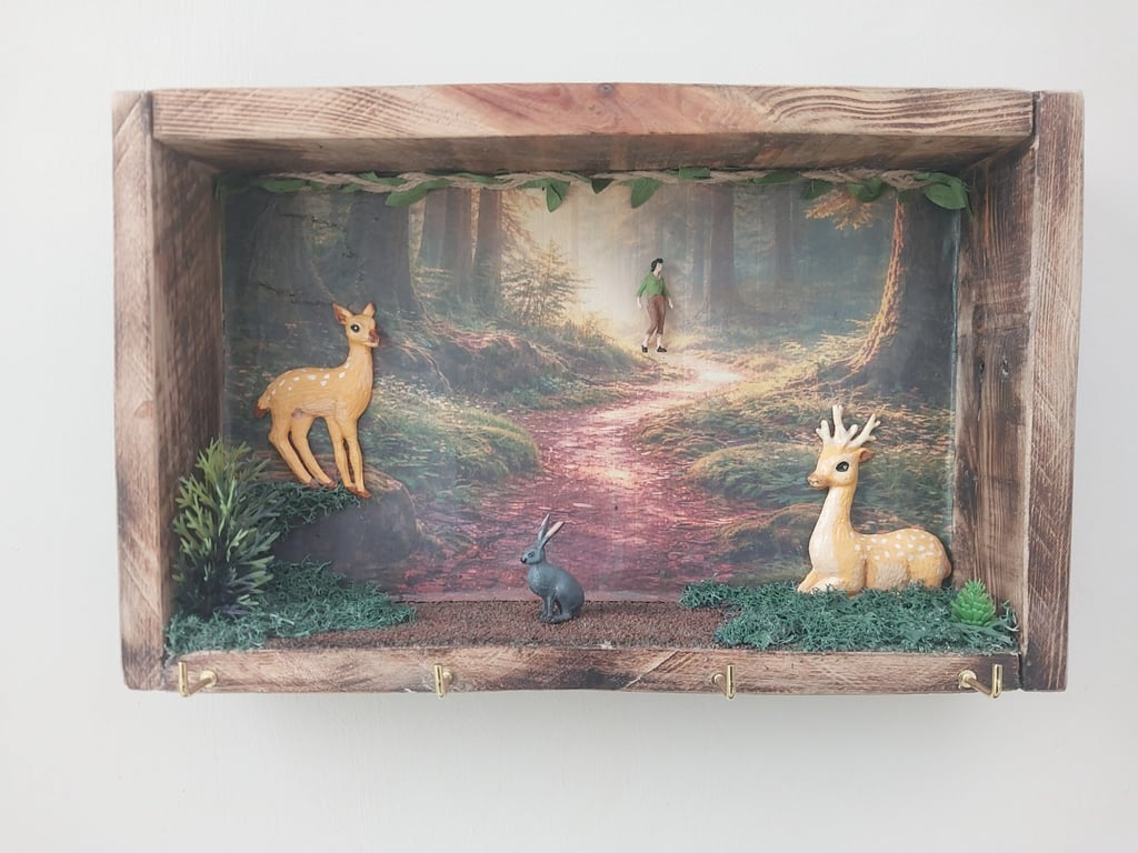 Rustic Woodland Shadow Box Key Holder with Deer & Forest Scene