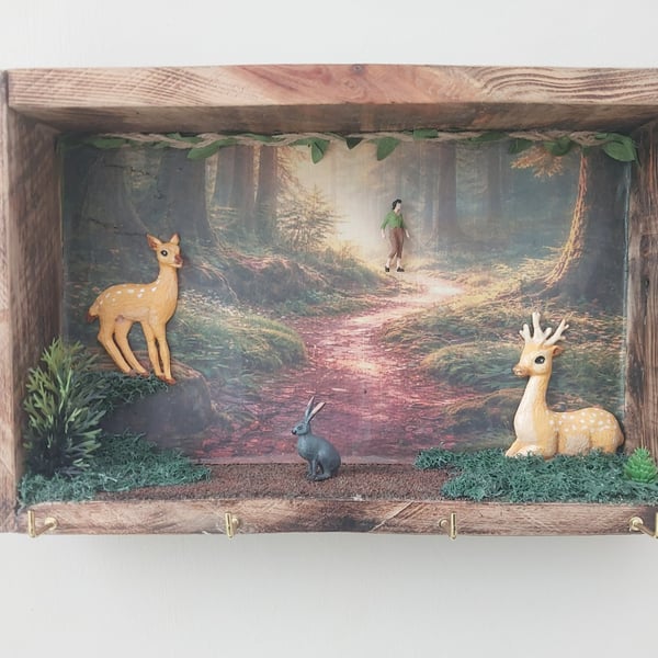 Rustic Woodland Shadow Box Key Holder with Deer & Forest Scene