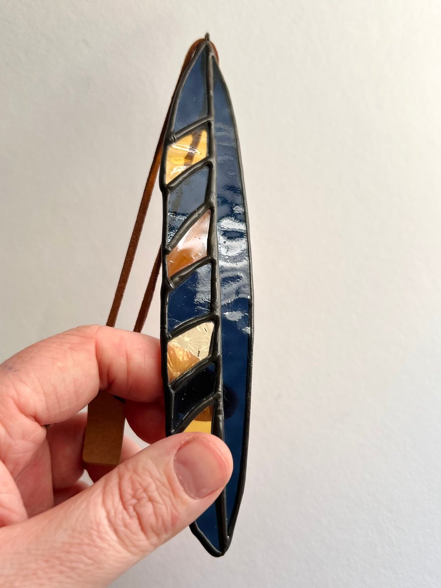 Navy and Amber stained glass pheasant feather decoration - vintage glass